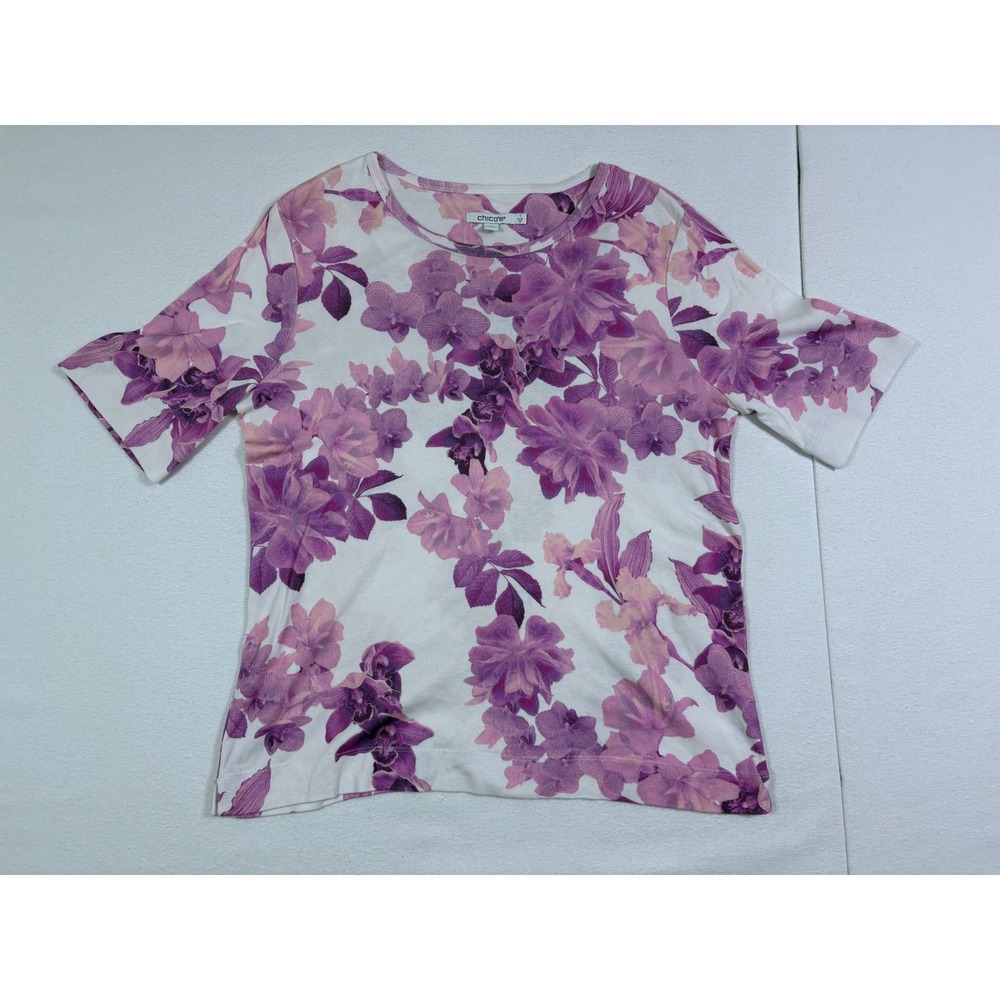 Chico's Women Purple Floral Orchid Pima Cotton Short Sleeve T-Shirt Size 2 Large